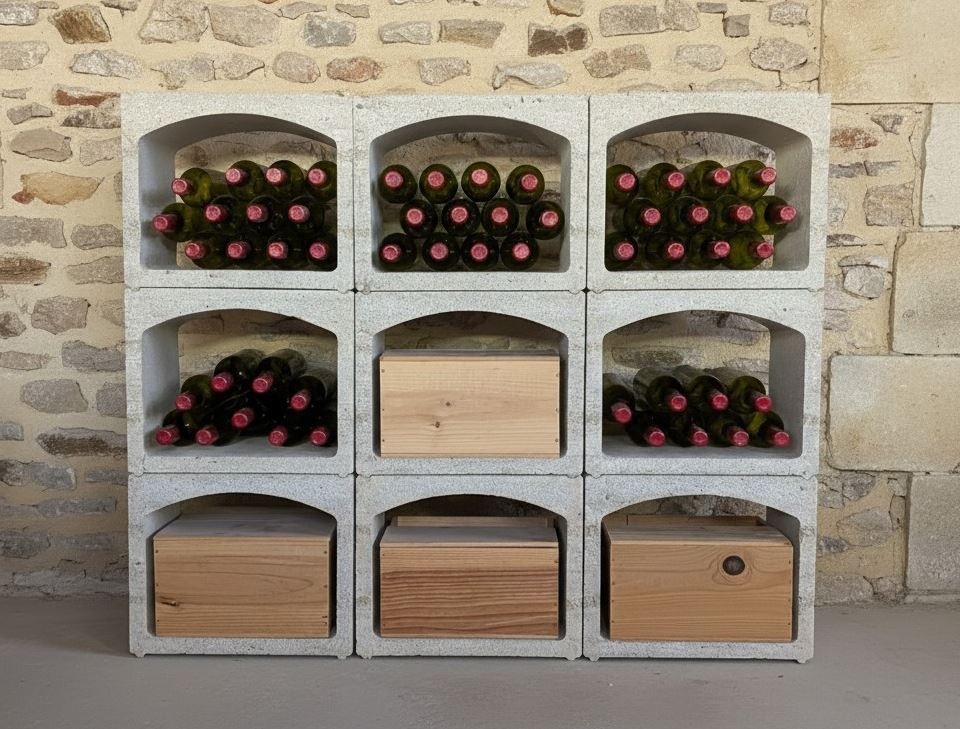 casier à vin pour ranger les bouteilles et caisses en bois dans une cave