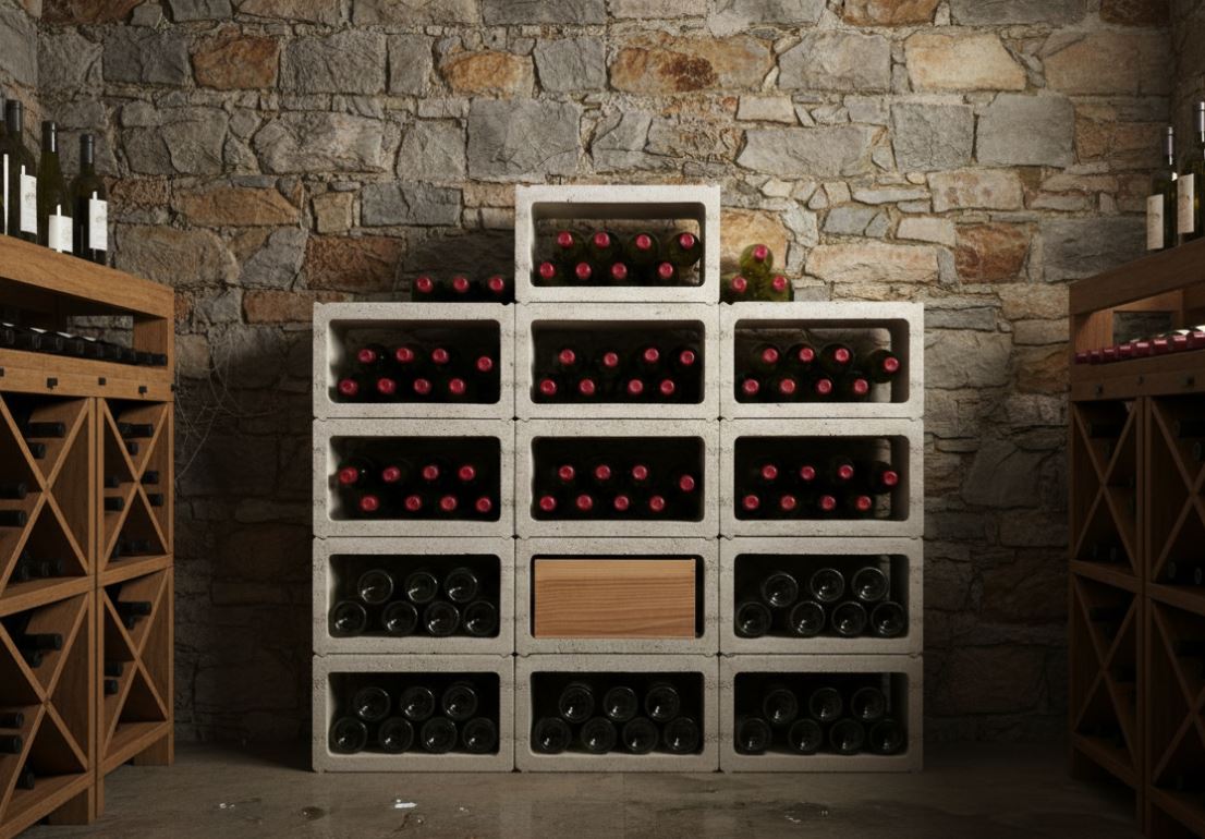 range bouteille cave en pierre reconstituée et béton