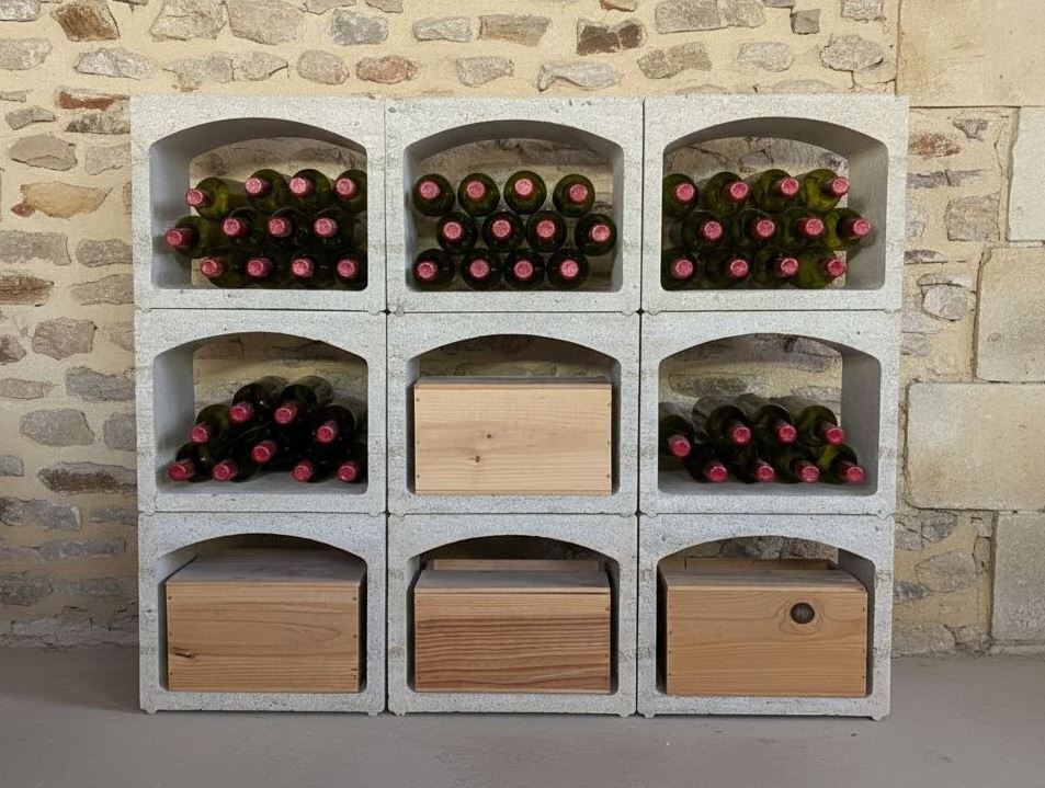 Casier à bouteilles en pierre permettant le stockage de 12 bouteilles de vin et de caisses en bois. Kit pour cave à vin